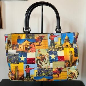 Vintage Texas Montage Pop Art Top Handle Handbag Beaded Sequin Accents